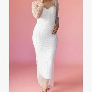 Elegant White Sheer Sleeve Bodycon Maxi Dress